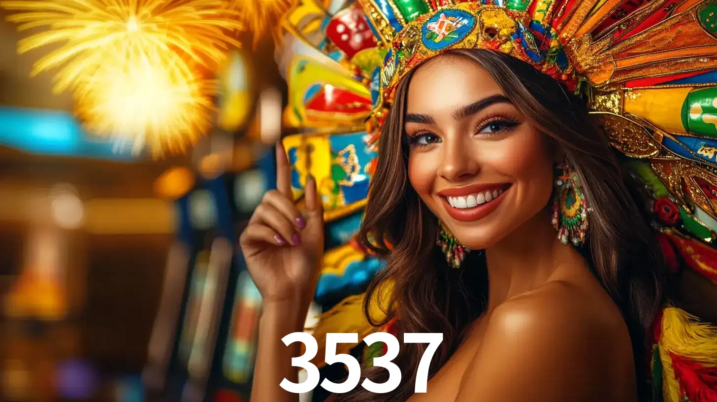 Mulher sorridente com um cocar de carnaval vibrante e colorido, celebrando uma grande vitória nos jogos do cassino 3537 com fogos de artifício ao fundo.