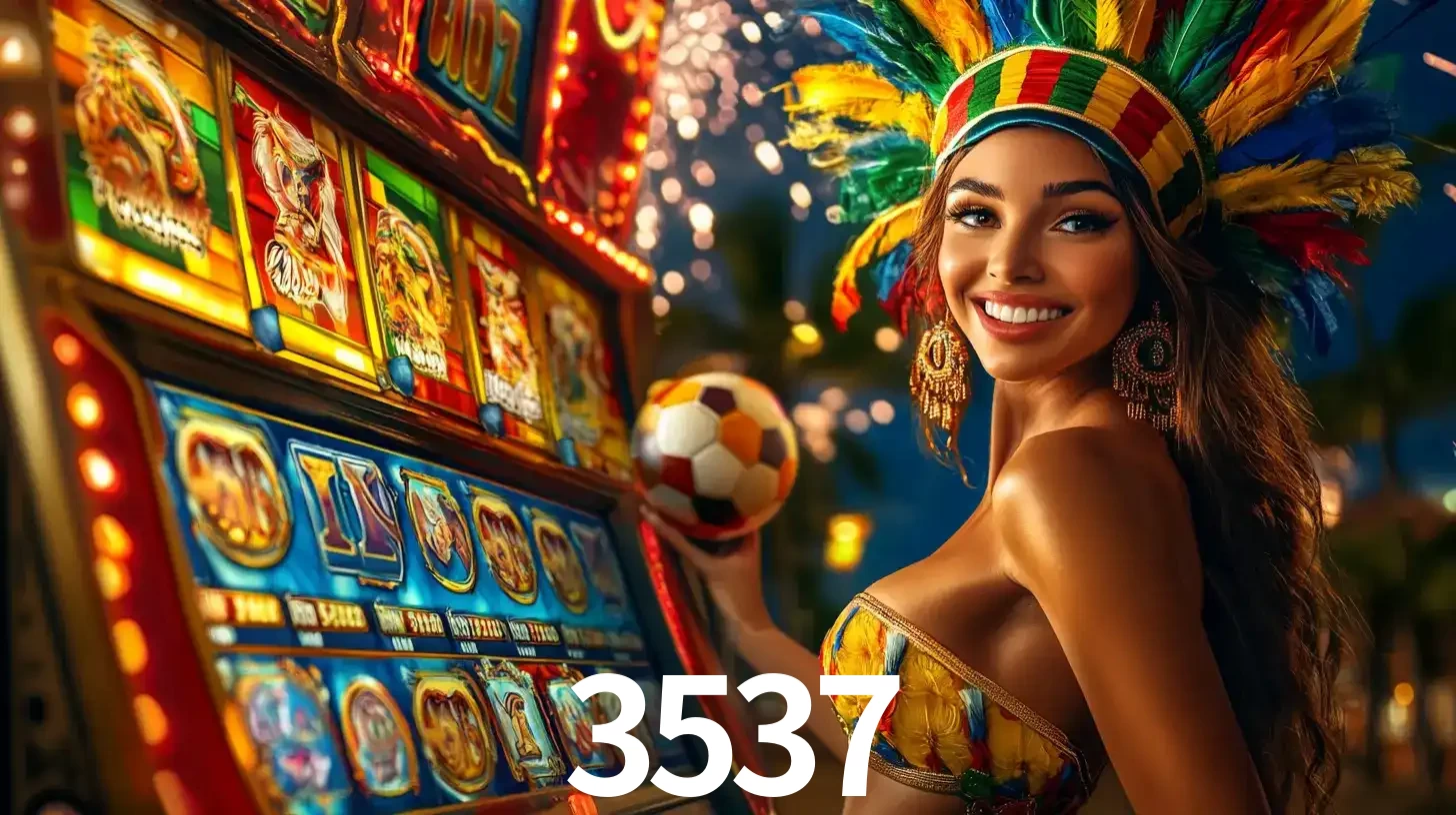 Mulher com um cocar de carnaval ao lado de uma máquina de caça-níqueis enquanto segura uma bola de futebol, mostrando a união da diversão de cassino e esportes no 3537.