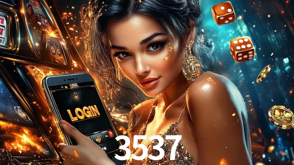 Mulher glamourosa segurando um celular com a tela de login do cassino 3537, rodeada por dados e moedas douradas, pronta para começar a diversão.