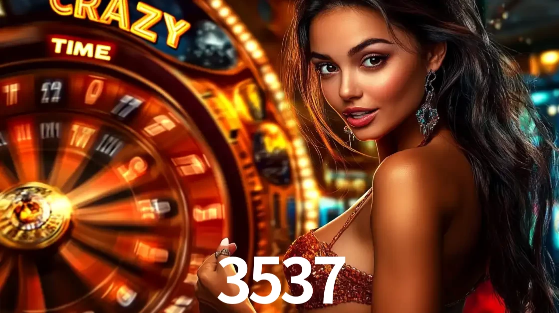 Mulher ao lado da roda de prêmios do jogo de cassino ao vivo Crazy Time, um dos shows de jogos mais emocionantes oferecidos pela plataforma de apostas 3537.
