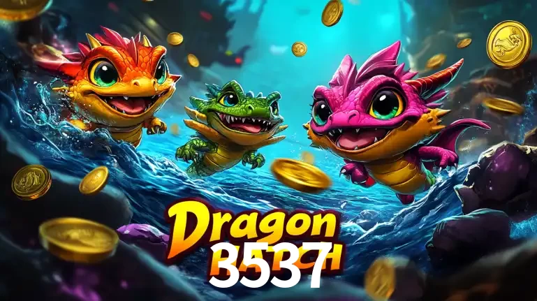 Arte promocional do jogo Dragon Hatch com três adoráveis dragões bebês nadando entre moedas de ouro, um dos slots mais divertidos para jogar no cassino 3537.