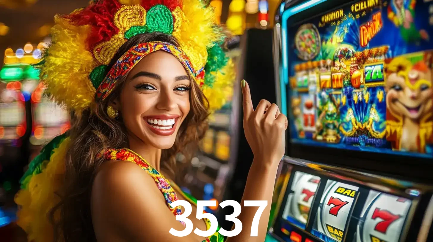 Mulher animada com um cocar de carnaval apontando para uma máquina de caça-níqueis, mostrando a emoção de ganhar um grande prêmio nos jogos do 3537.