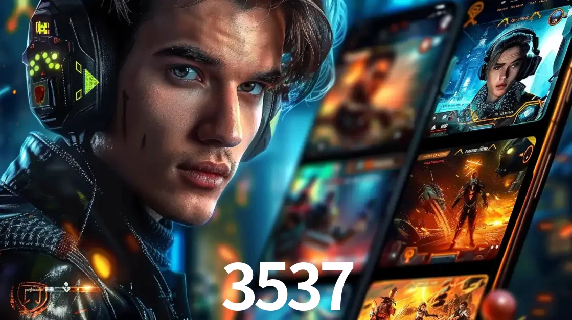 Jovem jogador com fones de ouvido olhando para a câmera, com um aplicativo de jogos e e-sports para celular ao fundo, pronto para a competição e apostas no 3537.