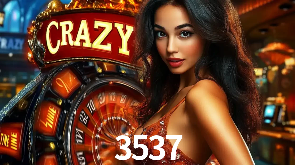 Mulher glamourosa olhando para a câmera com a roda vermelha do Crazy Time ao fundo em um ambiente de cassino, destacando a emoção dos jogos ao vivo no 3537.