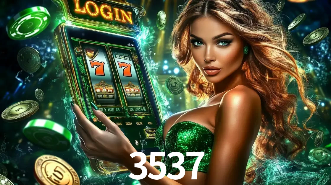 Mulher com tema verde apresentando o aplicativo do cassino 3537 com um jogo de slot de 777, cercada por fichas de cassino e uma aura de sorte.