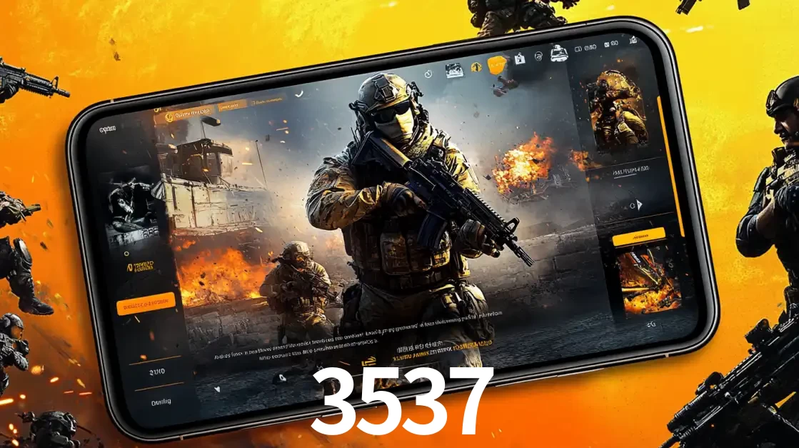 Um smartphone exibindo a interface de um jogo de tiro em primeira pessoa, com um soldado em um cenário de batalha, representando a ação dos e-sports para apostar no 3537.
