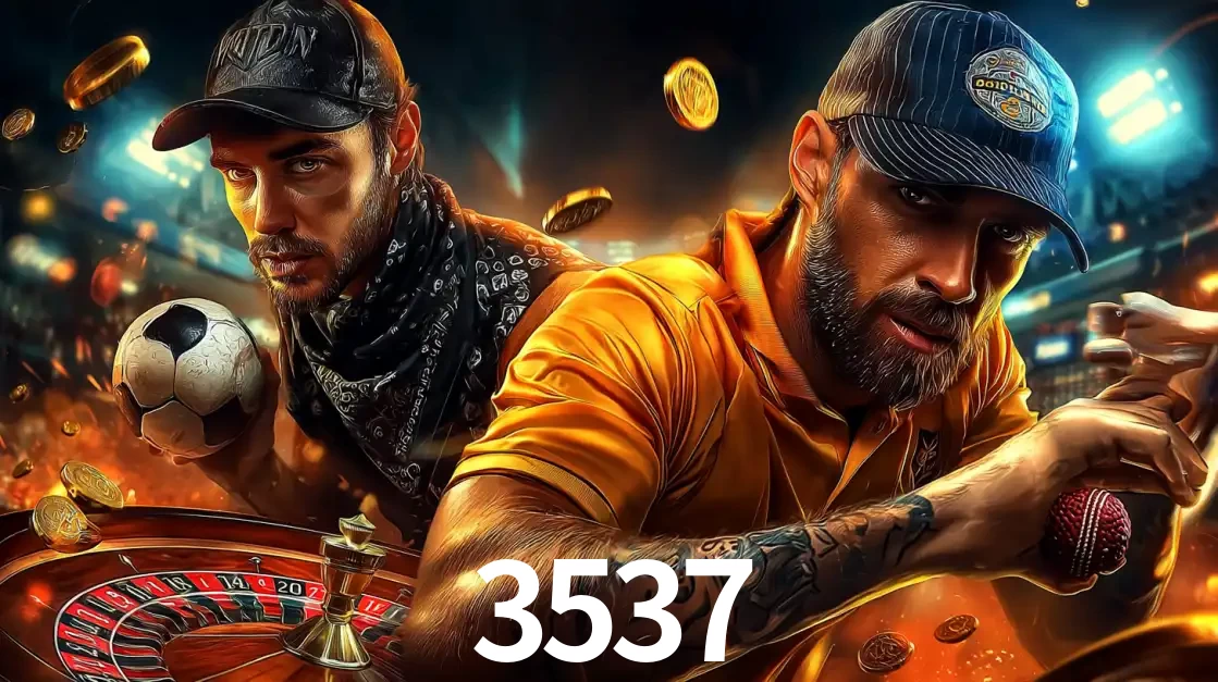 Montagem de apostas esportivas e cassino no 3537, com um homem segurando uma bola de futebol e outro uma de beisebol sobre uma roleta e moedas voadoras.