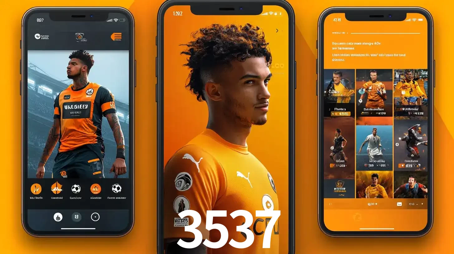 Interface do aplicativo de apostas esportivas 3537 em três telas de celular, mostrando o perfil de um jogador de futebol e a lista de jogos disponíveis para apostar.