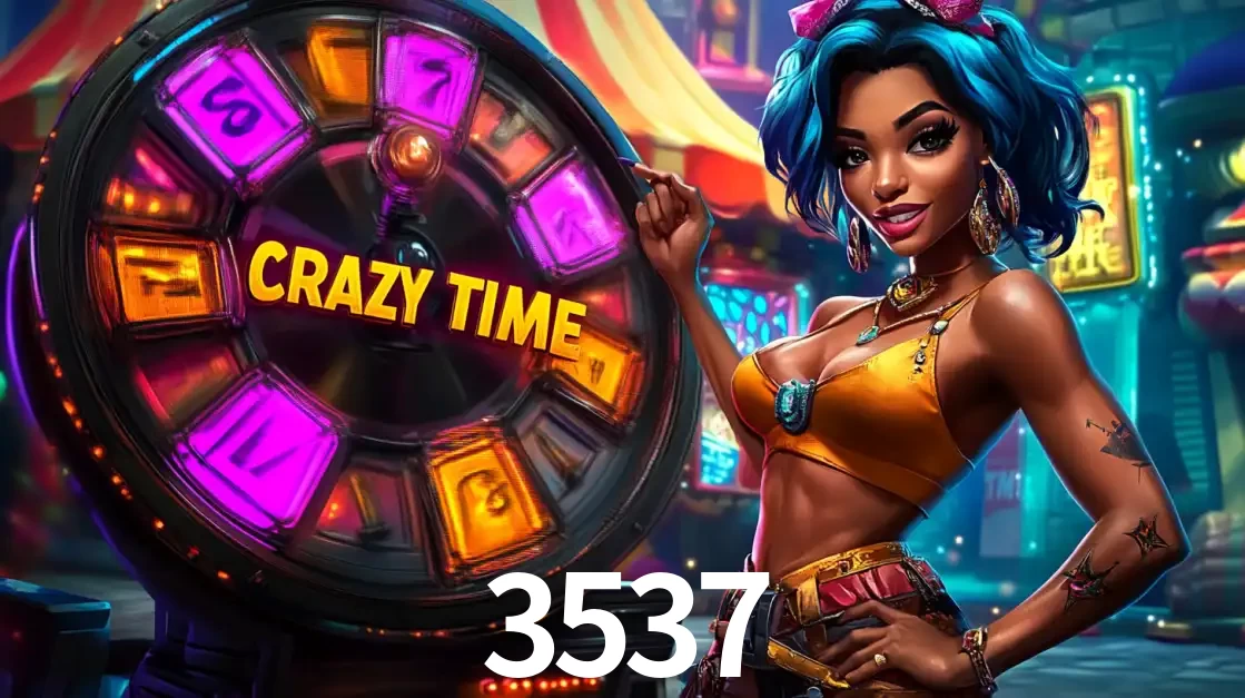 Mulher estilizada com cabelo azul e visual vibrante posando ao lado da roda de prêmios do game show Crazy Time, convidando para a diversão e os bônus do cassino 3537.