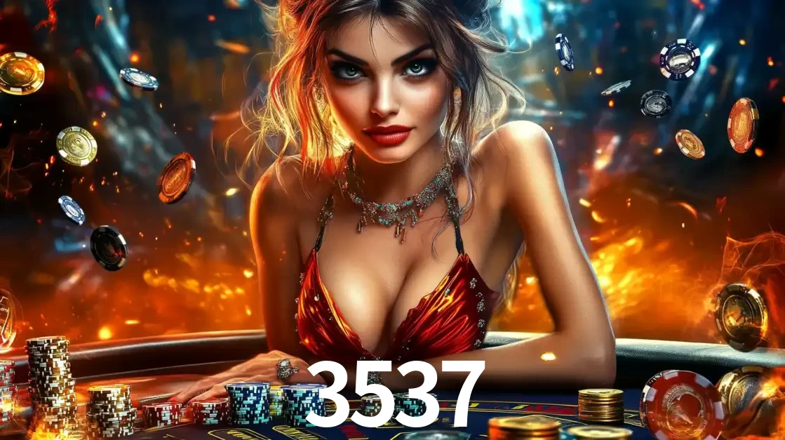 Mulher em uma mesa de cassino com pilhas de fichas e um fundo de fogo, pronta para uma rodada de altas apostas nos jogos de mesa emocionantes do cassino 3537.