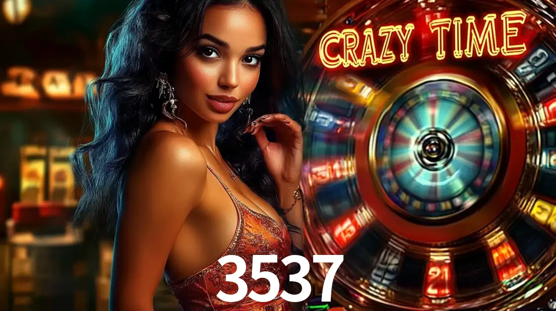 Mulher elegante ao lado da vibrante roda da fortuna do jogo de cassino ao vivo Crazy Time, um dos game shows mais populares e cheios de prêmios do 3537.