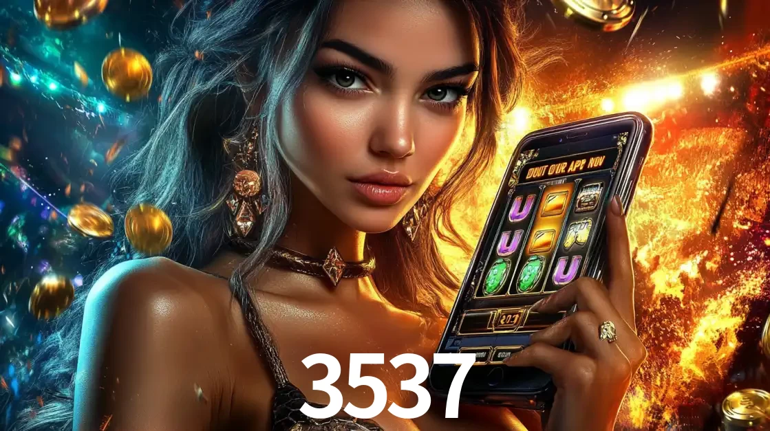Mulher elegante mostrando um jogo de caça-níqueis em seu smartphone, destacando a experiência de cassino móvel oferecida pelo aplicativo 3537.