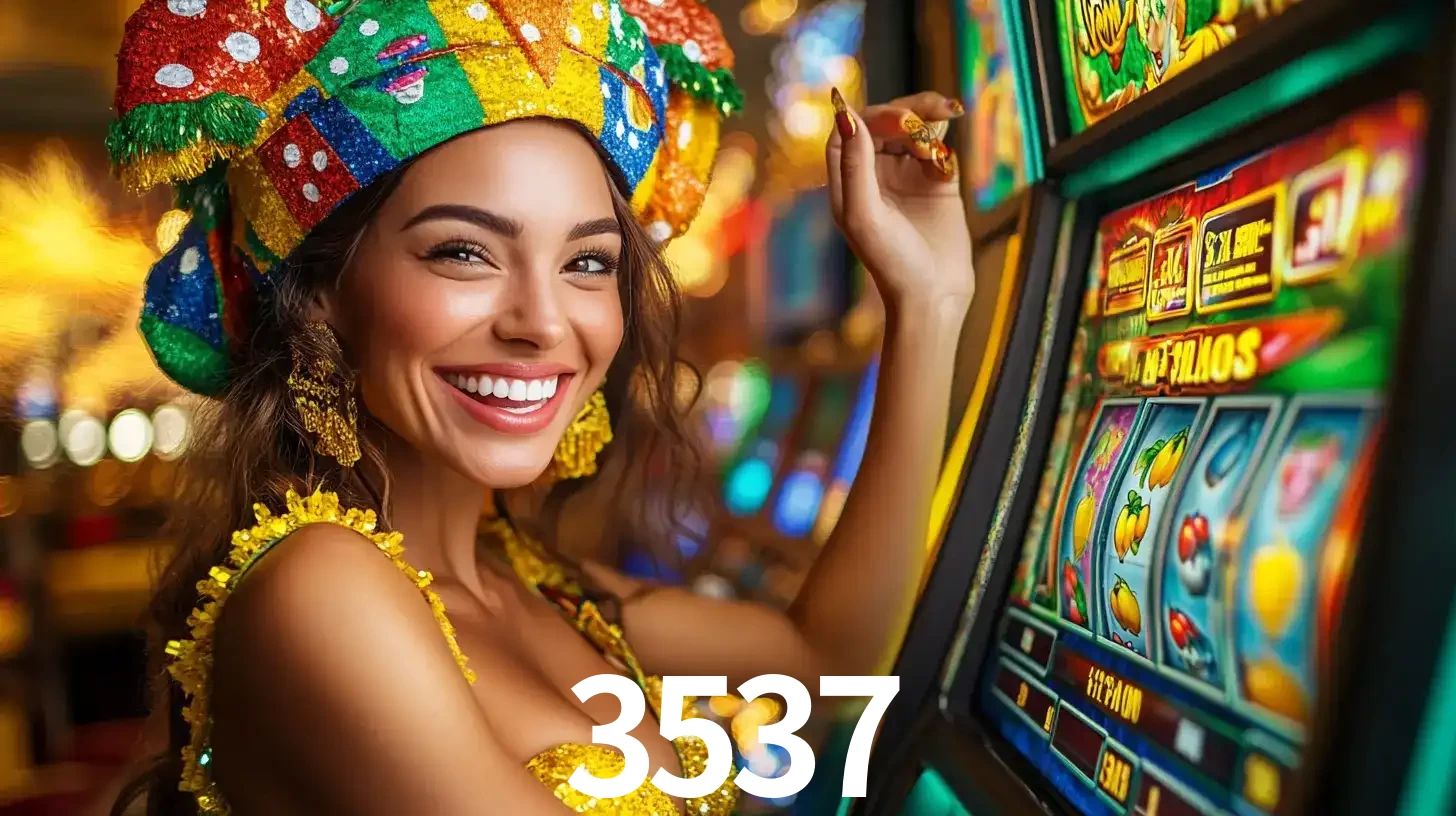 Mulher feliz com traje de carnaval amarelo e colorido ao lado de uma máquina de caça-níqueis, aproveitando a diversão e os jogos temáticos do cassino 3537.