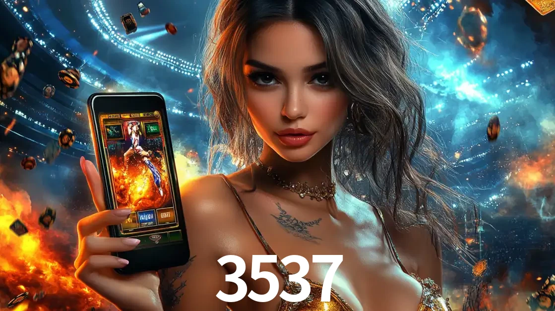 Mulher segurando um celular com um jogo de slot em destaque, tendo como fundo um estádio vibrante, simbolizando a emoção de jogar no cassino móvel 3537.