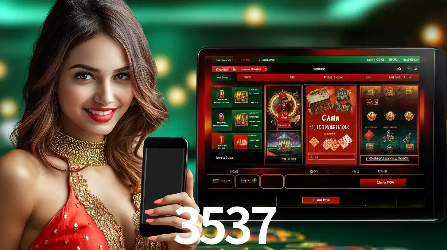 Mulher sorridente segurando um smartphone, ao lado de uma tela exibindo o lobby de jogos do cassino online 3537, com várias opções de jogos de cartas e slots.